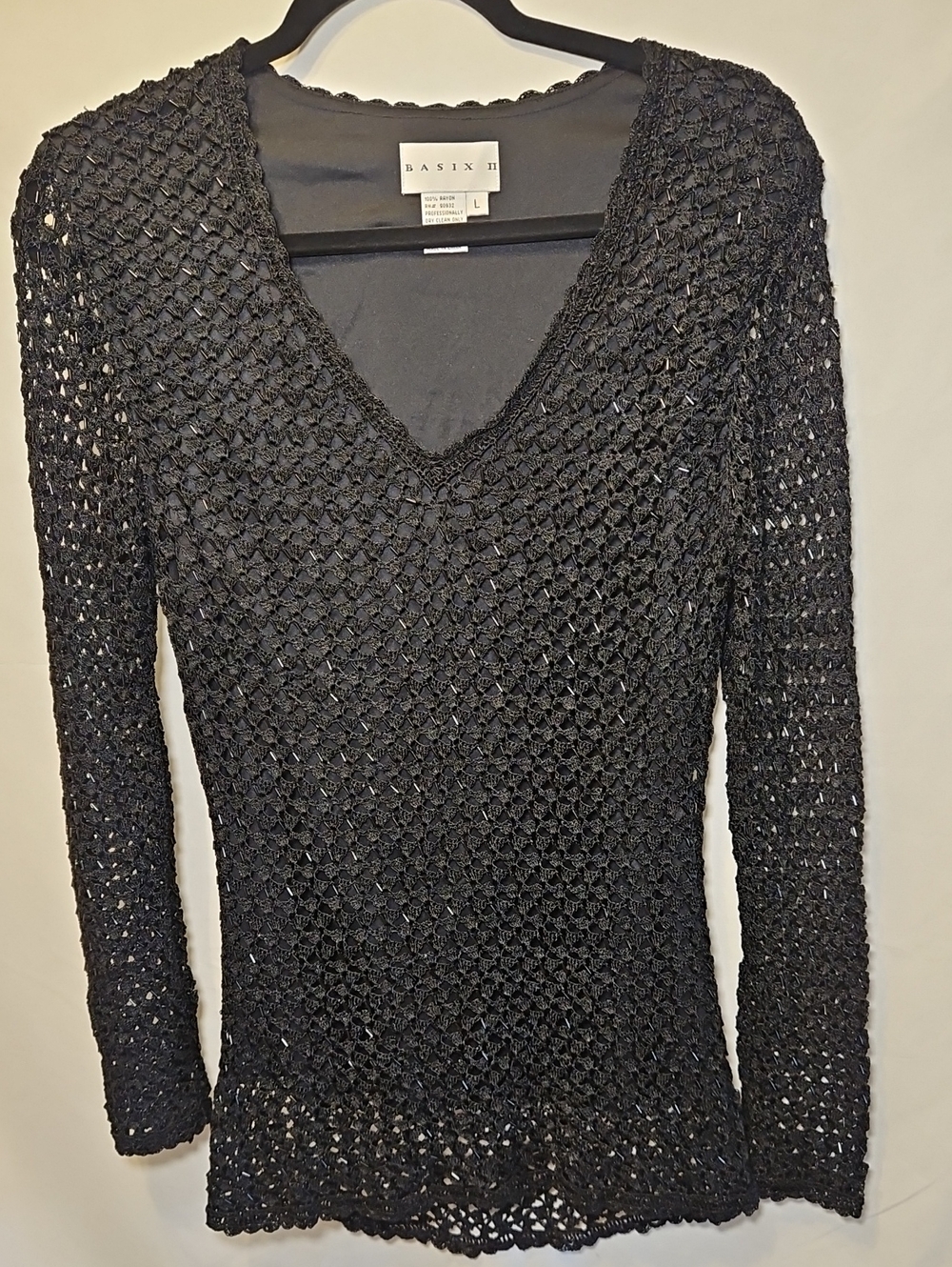 Basix II Womens L Black Beaded Open Knit V Neck Long Sleeve Sheer Top